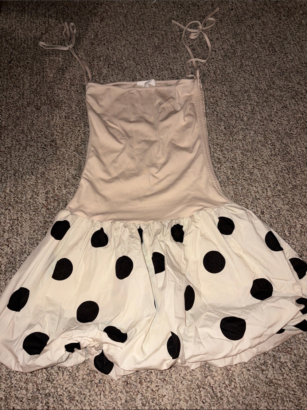 Sleeveless Beige and White Polka Dot Mini Dress